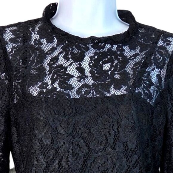 Black Lace Long Sleeve Top By INC Elegant Floral Pattern Keyhole Back Petite Med - Picture 3 of 7